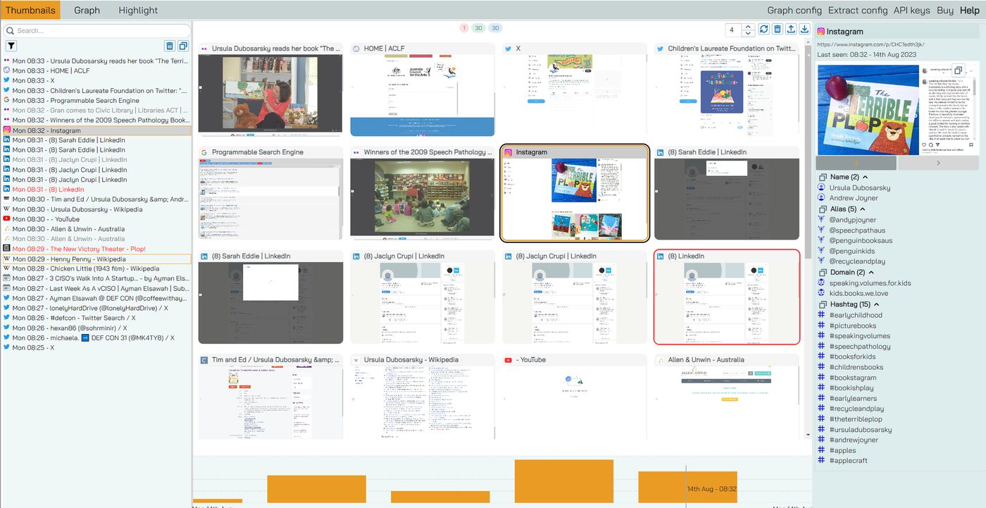 Screenshot of the real OSINT-Tool extension, showing the thumbnail grid and extracted objects panel for a live investigation